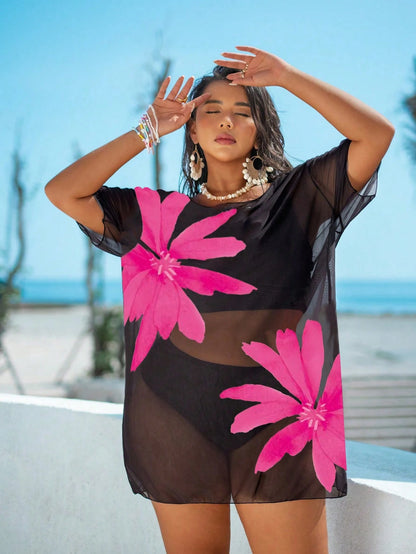 Swim Lushoire Plus Size Women Loose Mesh Print Short Sleeve Beach Cover-Up Pullover For Summer Beach Vacation