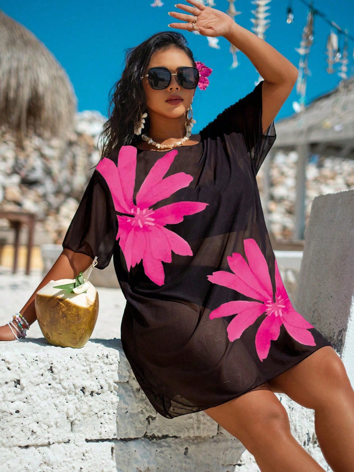 Swim Lushoire Plus Size Women Loose Mesh Print Short Sleeve Beach Cover-Up Pullover For Summer Beach Vacation
