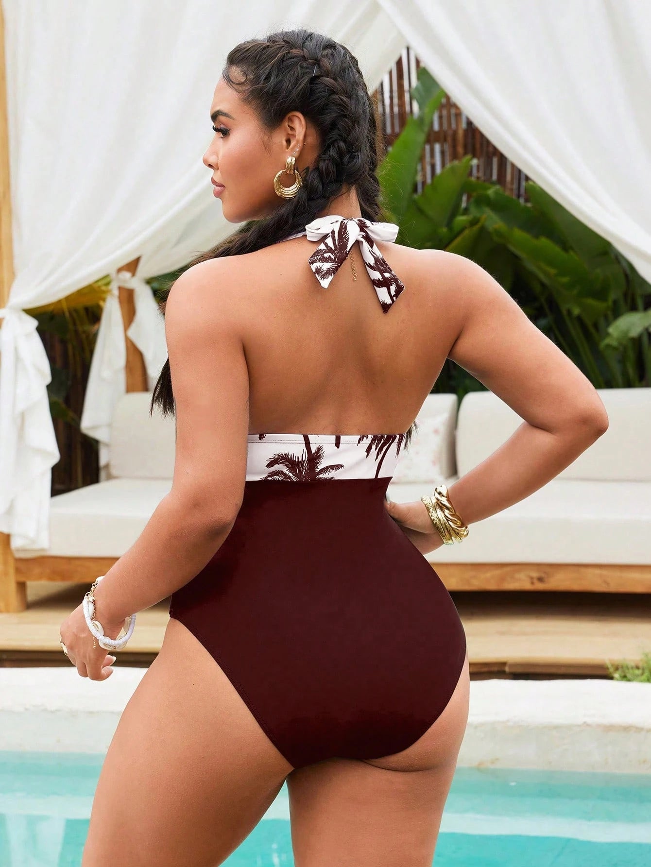 Swim Lushoire Plus Size Women Palm Tree Print Halter One-Piece Swimsuit,Ruched Tummy Control Vintage Inspired Swimwear,Tequila Sunrise,Summer,Boho,Beach,Holiday