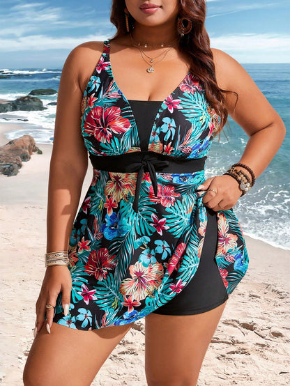 Swim Lushoire Plus Size Women Plant Print Top & Solid Color Bottoms Tankini Swimsuit Set For Summer Beach Vacation