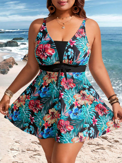 Swim Lushoire Plus Size Women Plant Print Top & Solid Color Bottoms Tankini Swimsuit Set For Summer Beach Vacation