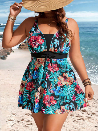 Swim Lushoire Plus Size Women Plant Print Top & Solid Color Bottoms Tankini Swimsuit Set For Summer Beach Vacation