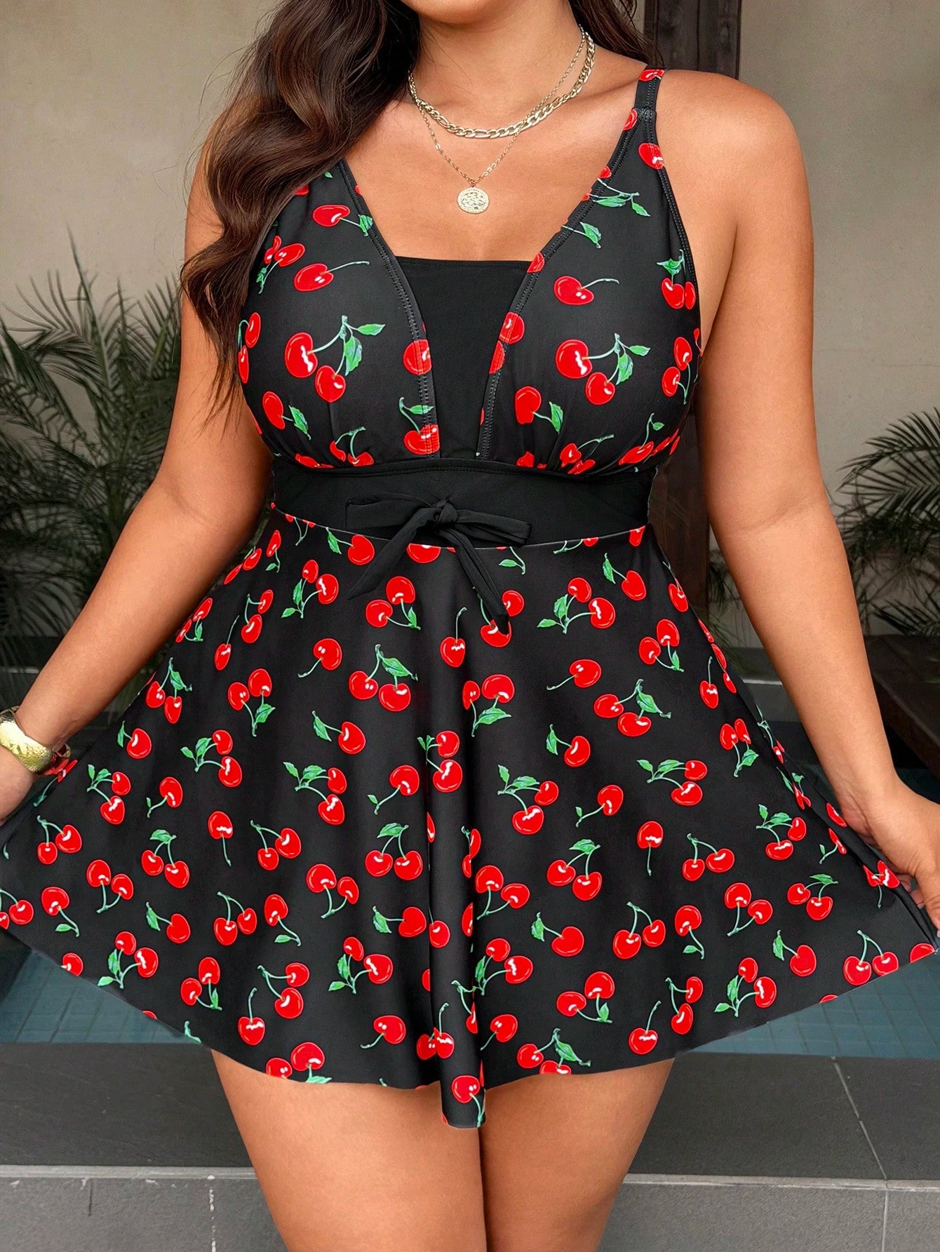 Swim Lushoire Plus Size Women Plant Print Top & Solid Color Bottoms Tankini Swimsuit Set For Summer Beach Vacation