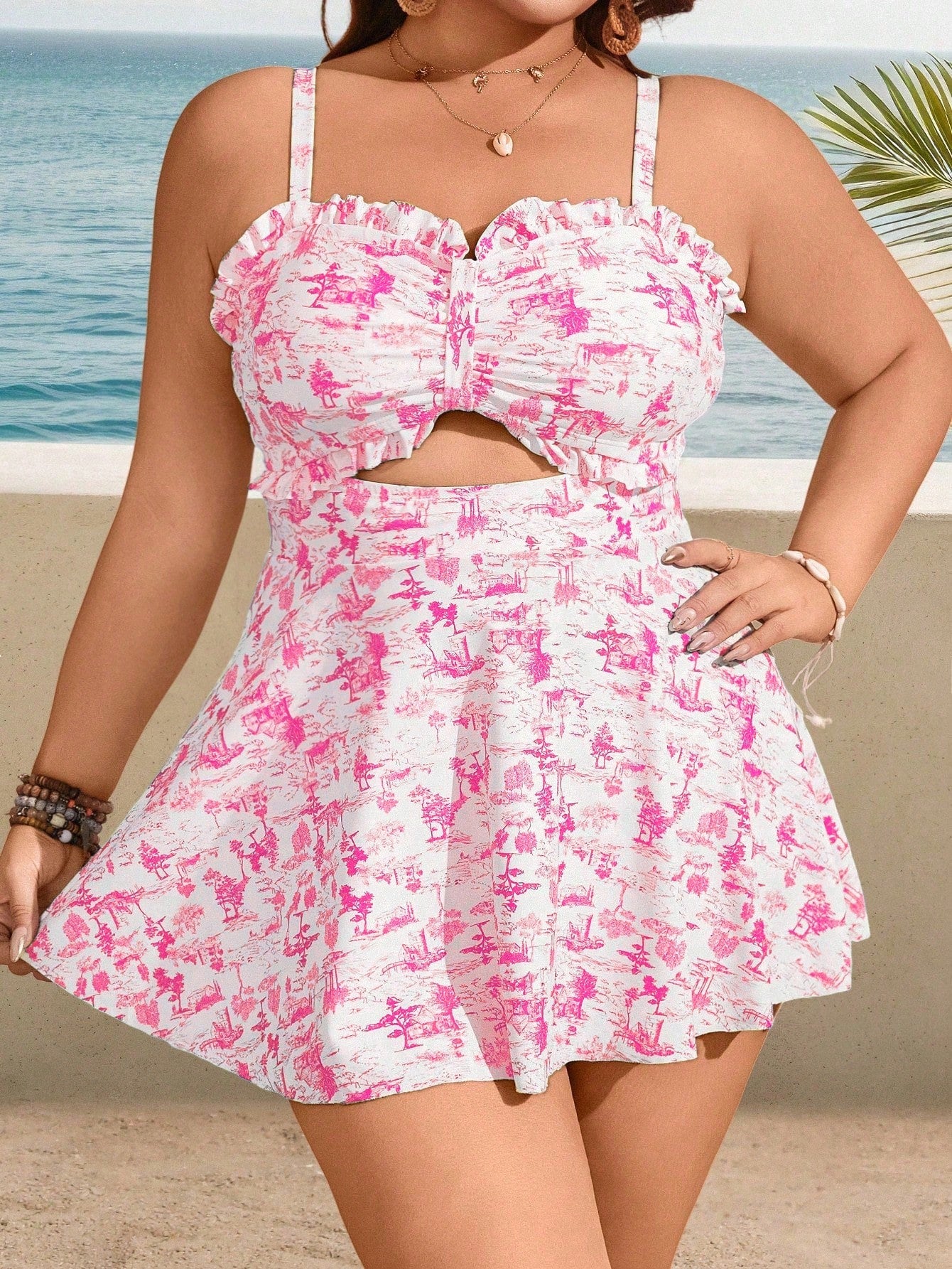 Swim Lushoire Plus Size Women's 2pcs White,Summer,Tropical,Beach,Holiday Ditsy Floral Ruffled Hollow Out Swimdress & Shorts Swimwear Set,Casual Hawaii Outfits