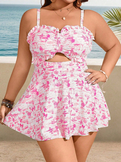 Swim Lushoire Plus Size Women's 2pcs White,Summer,Tropical,Beach,Holiday Ditsy Floral Ruffled Hollow Out Swimdress & Shorts Swimwear Set,Casual Hawaii Outfits