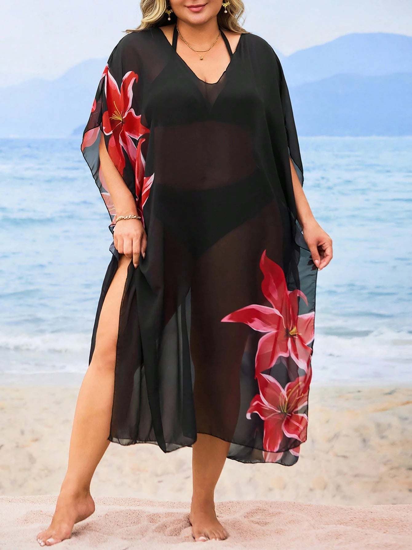 Swim Lushoire Plus Size Women's Floral Printed Loose Round Neck Beach Cover-Up For Summer Beach Vacation