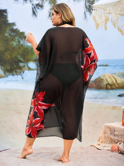 Swim Lushoire Plus Size Women's Floral Printed Loose Round Neck Beach Cover-Up For Summer Beach Vacation