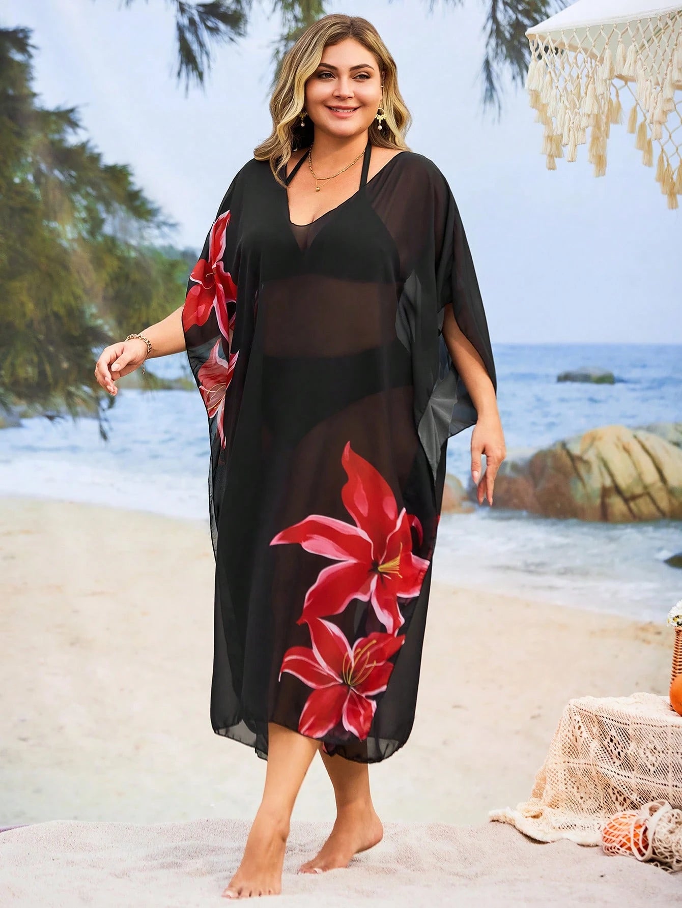 Swim Lushoire Plus Size Women's Floral Printed Loose Round Neck Beach Cover-Up For Summer Beach Vacation