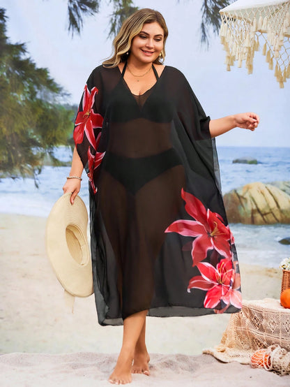 Swim Lushoire Plus Size Women's Floral Printed Loose Round Neck Beach Cover-Up For Summer Beach Vacation