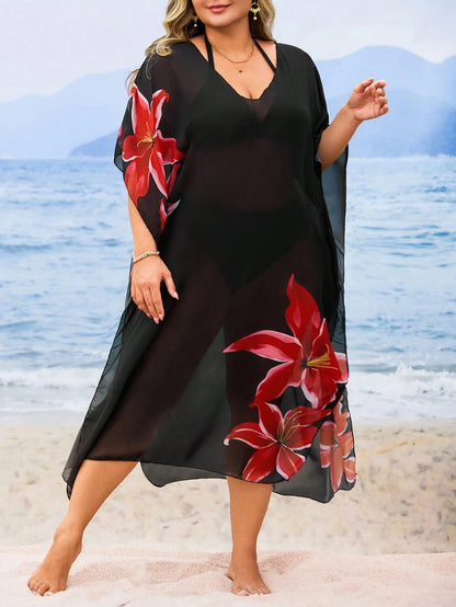 Swim Lushoire Plus Size Women's Floral Printed Loose Round Neck Beach Cover-Up For Summer Beach Vacation