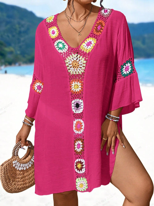 Swim Lushoire Plus Size Women's Single Piece Handmade Crochet V-Neck Hollow Out Sexy Slimming Side Slit Lightweight Beach Cover-Up Dress