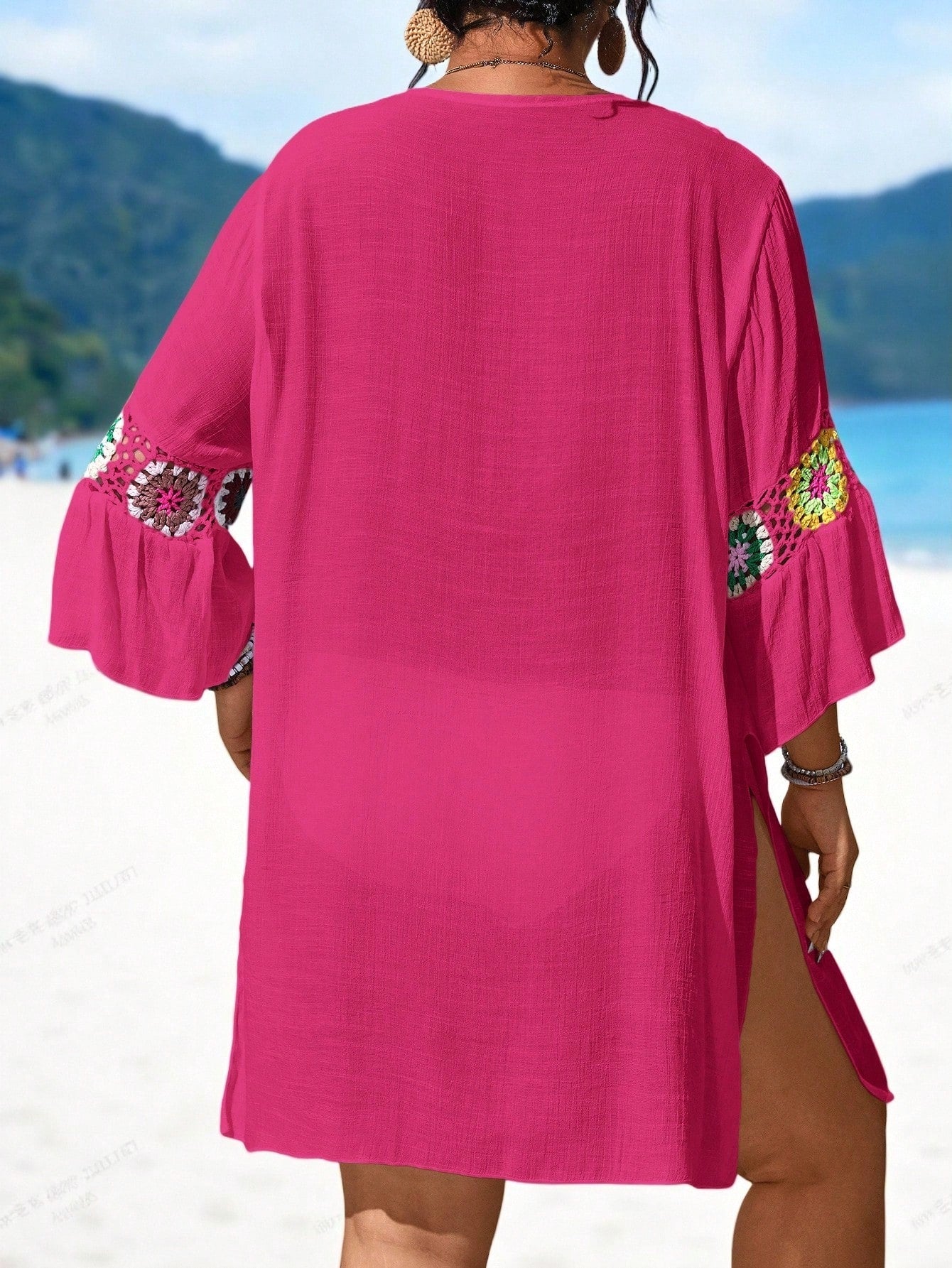 Swim Lushoire Plus Size Women's Single Piece Handmade Crochet V-Neck Hollow Out Sexy Slimming Side Slit Lightweight Beach Cover-Up Dress