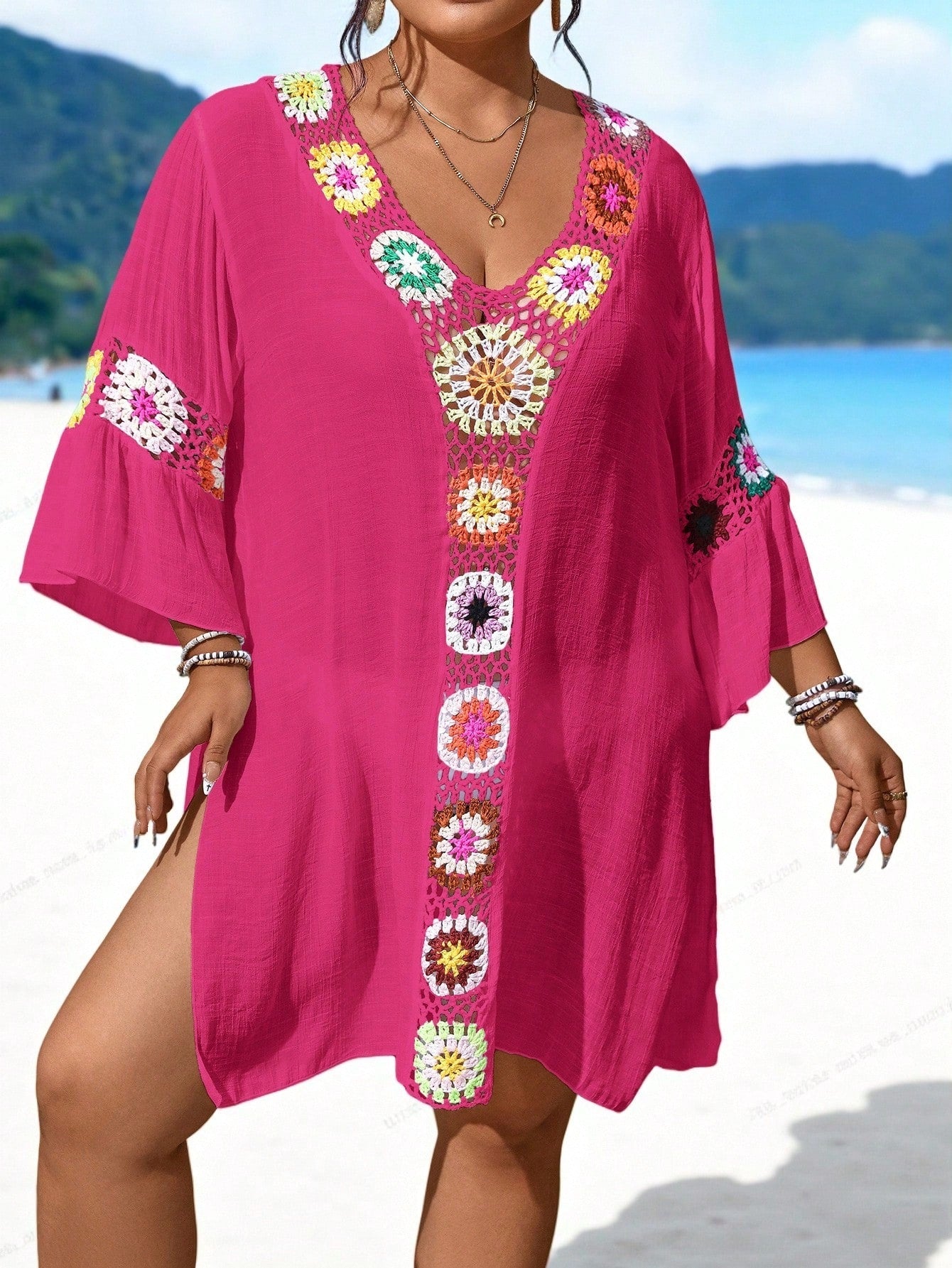 Swim Lushoire Plus Size Women's Single Piece Handmade Crochet V-Neck Hollow Out Sexy Slimming Side Slit Lightweight Beach Cover-Up Dress