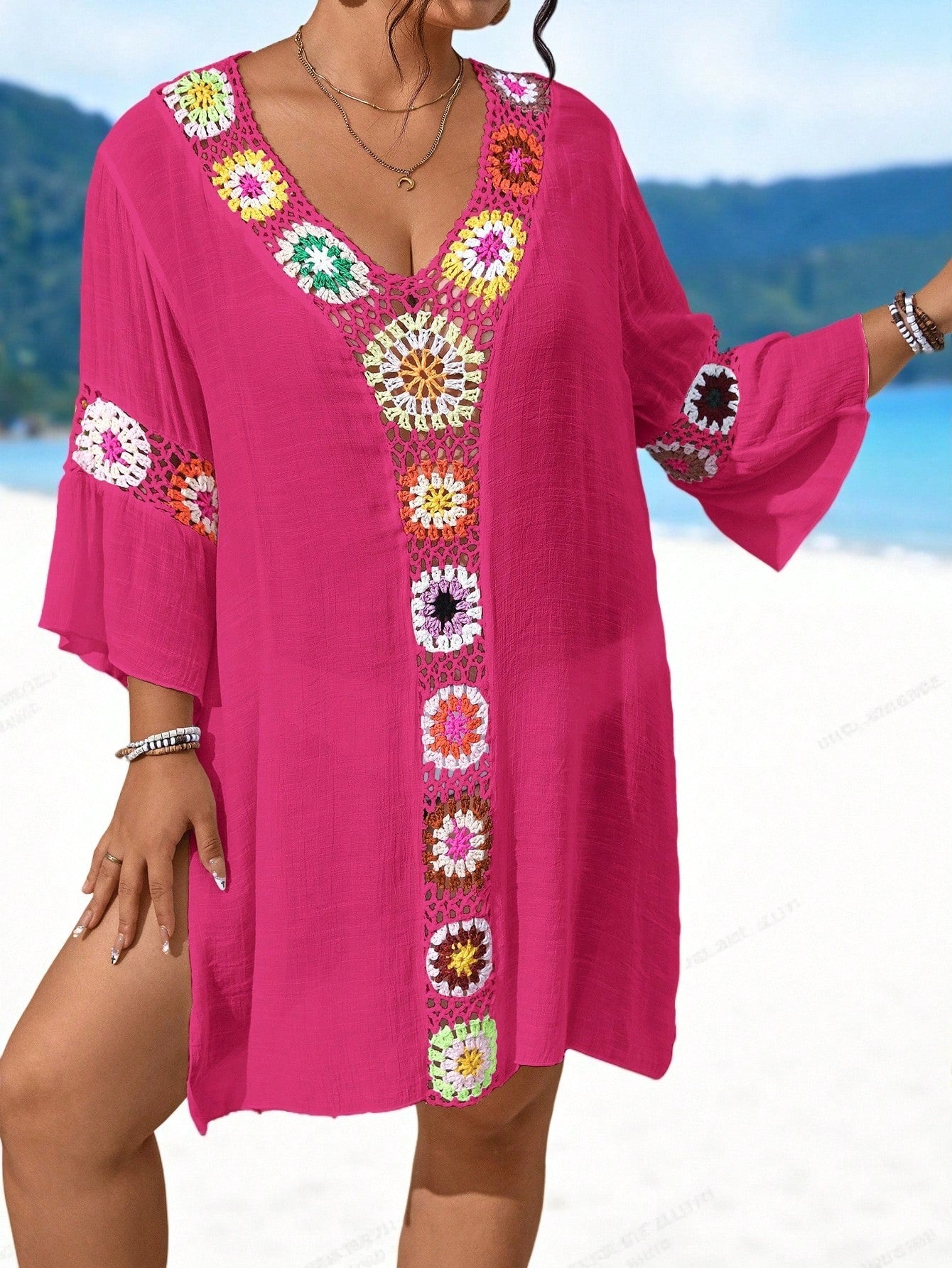 Swim Lushoire Plus Size Women's Single Piece Handmade Crochet V-Neck Hollow Out Sexy Slimming Side Slit Lightweight Beach Cover-Up Dress