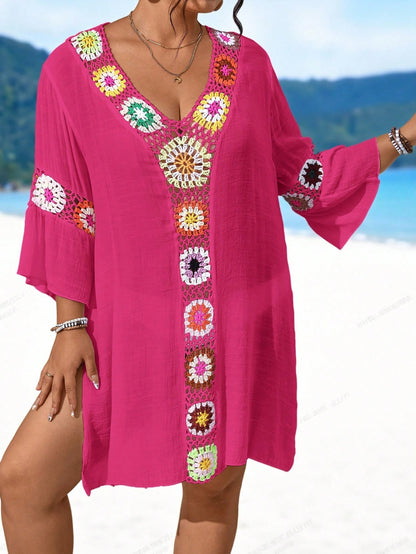 Swim Lushoire Plus Size Women's Single Piece Handmade Crochet V-Neck Hollow Out Sexy Slimming Side Slit Lightweight Beach Cover-Up Dress