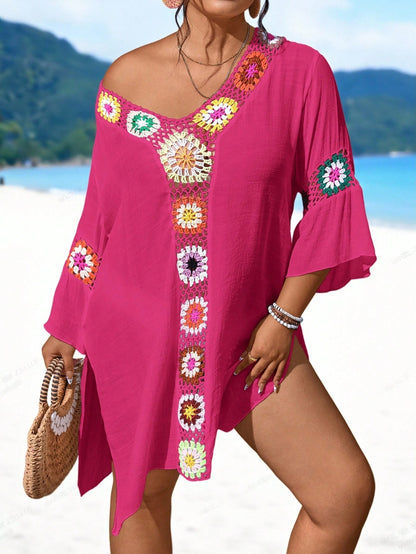 Swim Lushoire Plus Size Women's Single Piece Handmade Crochet V-Neck Hollow Out Sexy Slimming Side Slit Lightweight Beach Cover-Up Dress