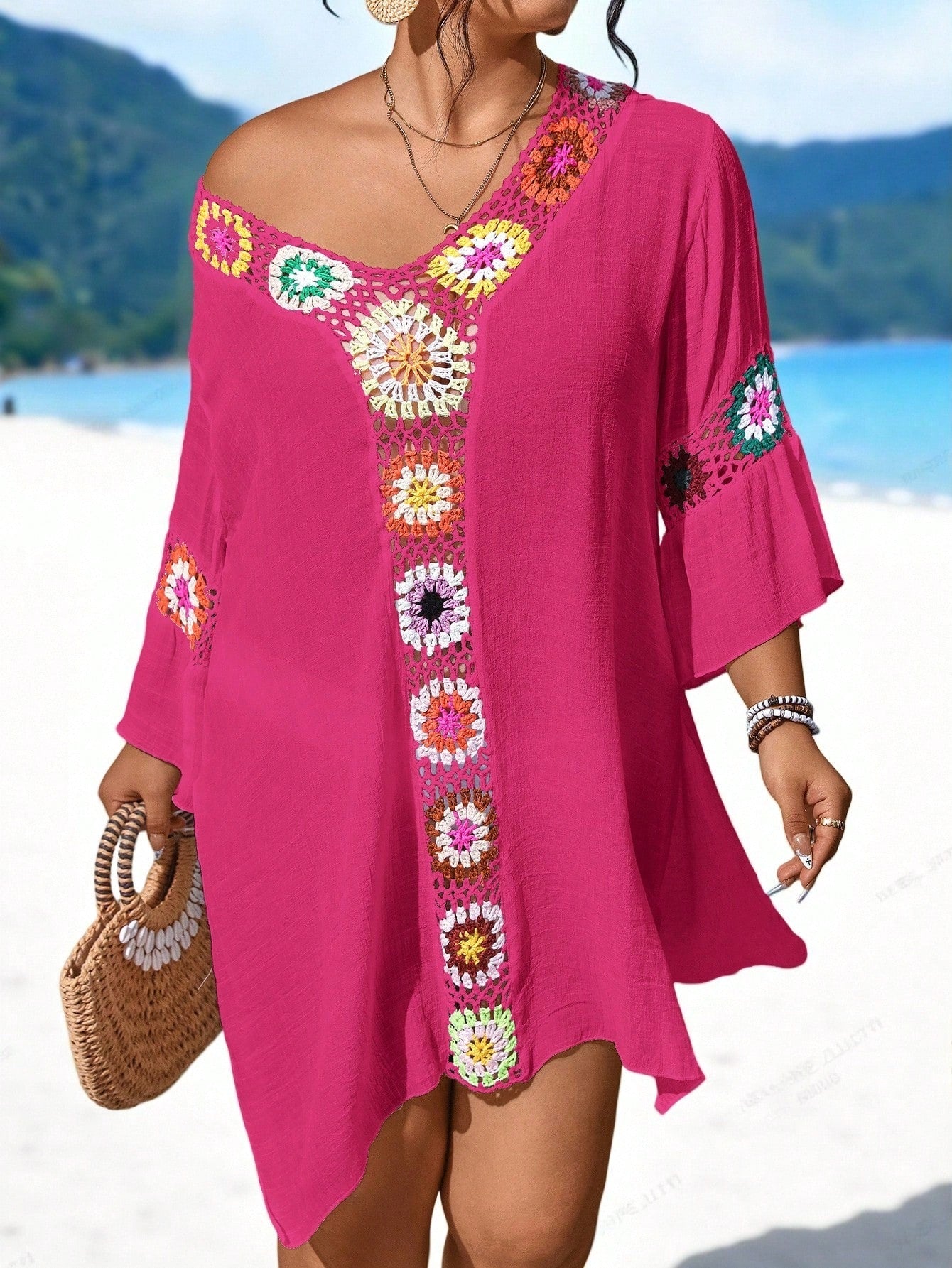 Swim Lushoire Plus Size Women's Single Piece Handmade Crochet V-Neck Hollow Out Sexy Slimming Side Slit Lightweight Beach Cover-Up Dress