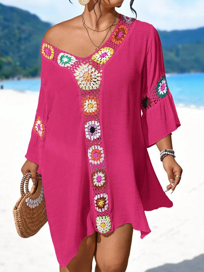 Swim Lushoire Plus Size Women's Single Piece Handmade Crochet V-Neck Hollow Out Sexy Slimming Side Slit Lightweight Beach Cover-Up Dress