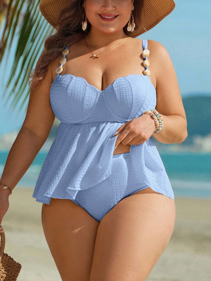 Swim Lushoire Plus Size Women's Solid Color Tankini Top And Triangle Tankini Bottoms Two-Piece Swimsuit Set, Suitable For Summer Vacation And Beach Light Blue Sexy