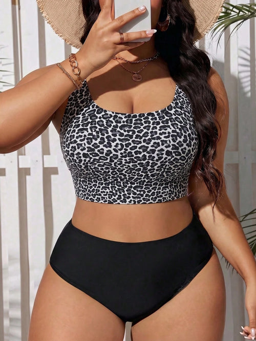 Swim Lushoire Plus Size Women's Summer Beach Leopard Print Casual Sexy Tankini Swimsuit Set Black