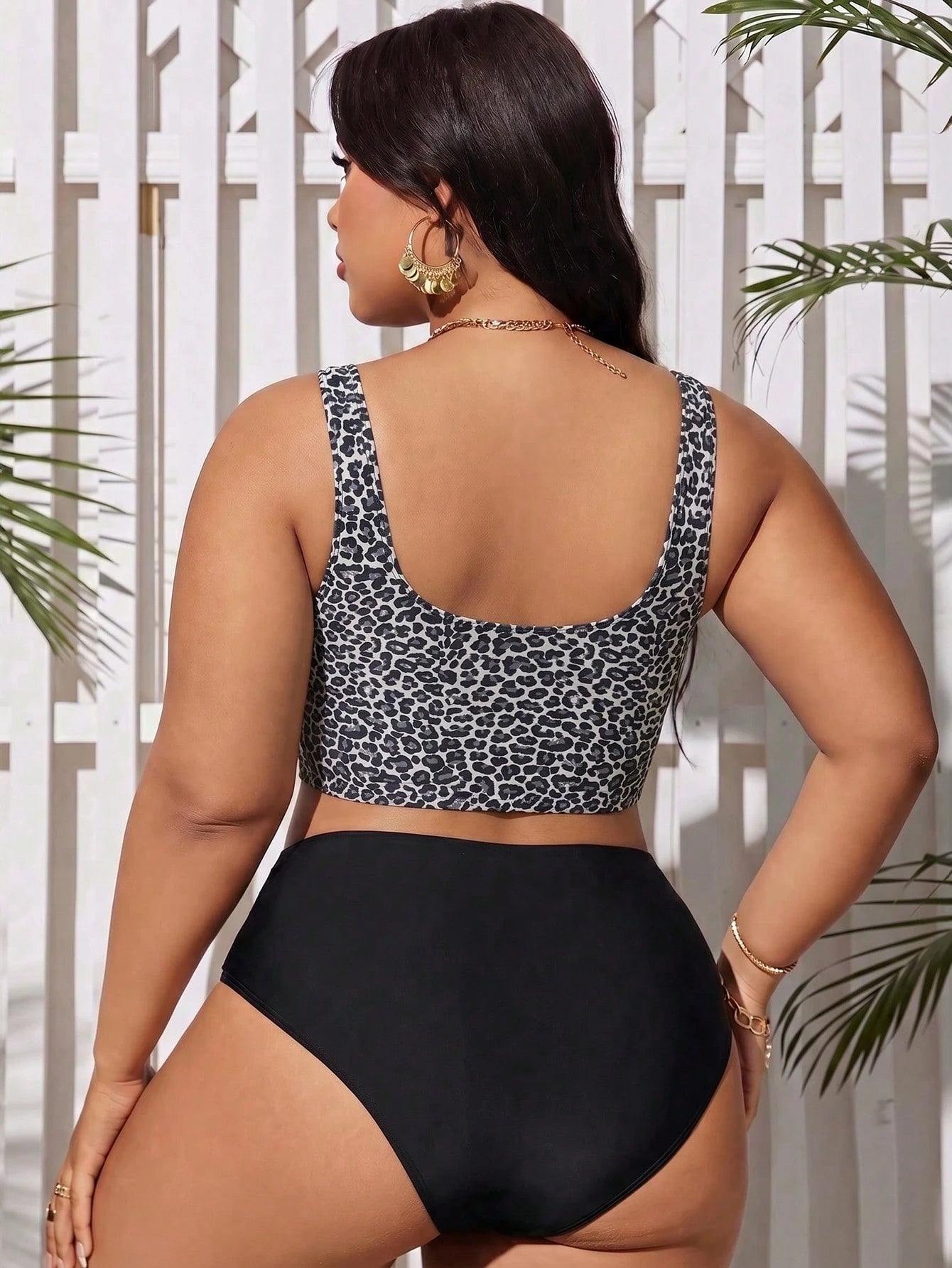 Swim Lushoire Plus Size Women's Summer Beach Leopard Print Casual Sexy Tankini Swimsuit Set Black