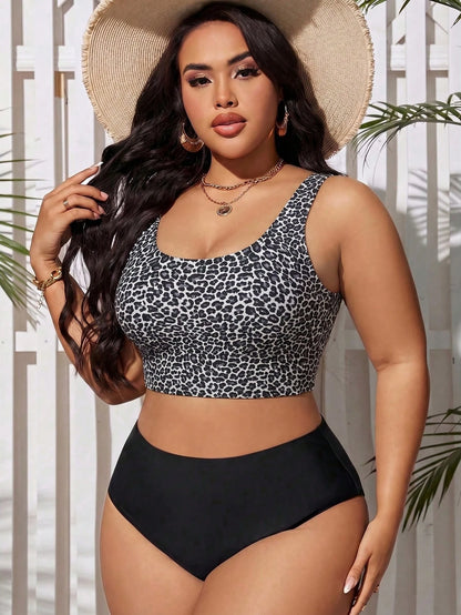 Swim Lushoire Plus Size Women's Summer Beach Leopard Print Casual Sexy Tankini Swimsuit Set Black