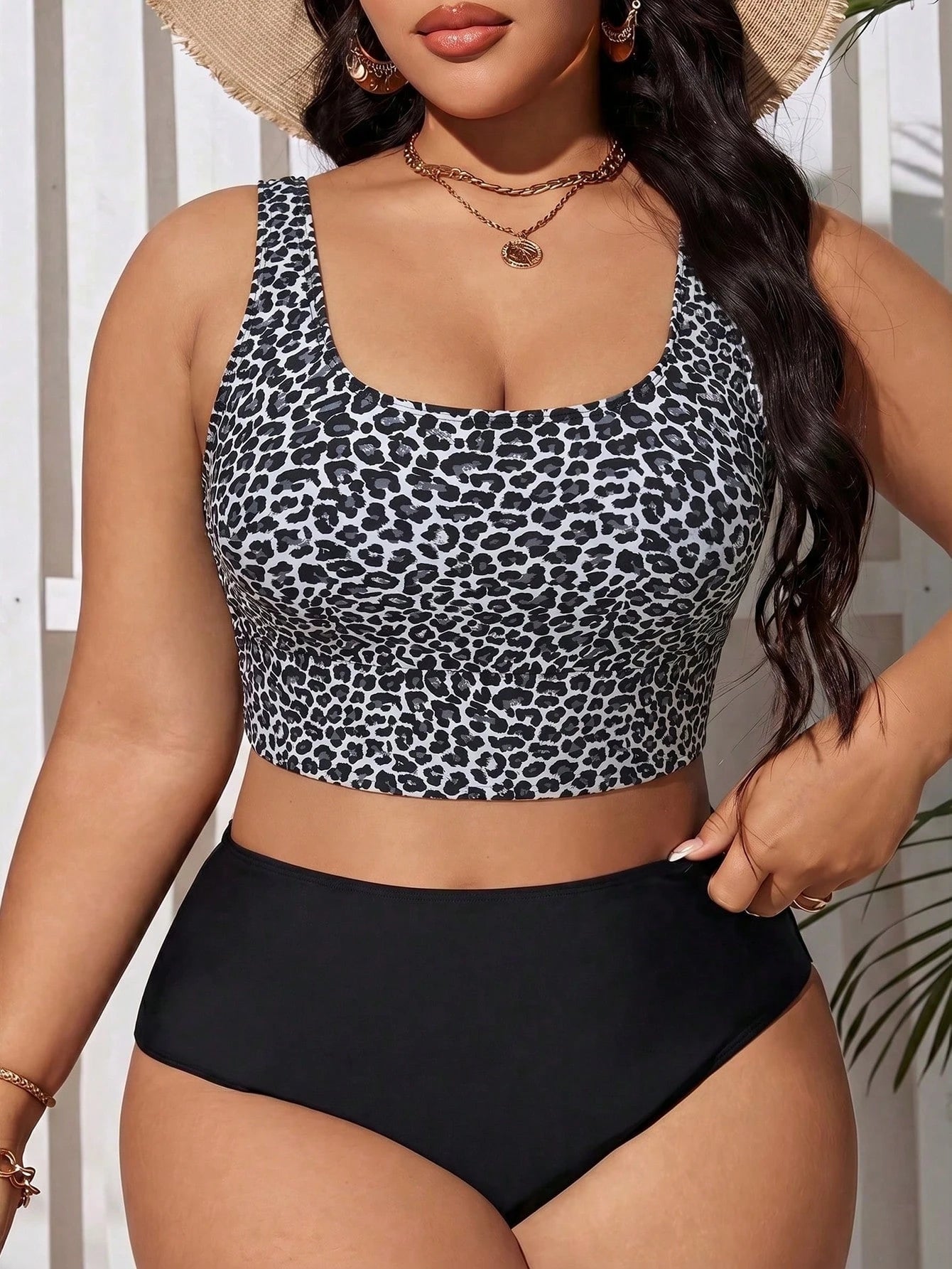 Swim Lushoire Plus Size Women's Summer Beach Leopard Print Casual Sexy Tankini Swimsuit Set Black