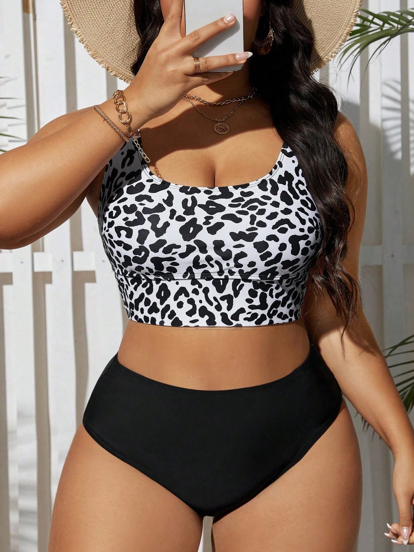 Swim Lushoire Plus Size Women's Summer Beach Leopard Print Casual Sexy Tankini Swimsuit Set Black