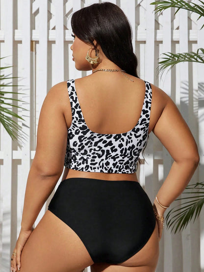 Swim Lushoire Plus Size Women's Summer Beach Leopard Print Casual Sexy Tankini Swimsuit Set Black
