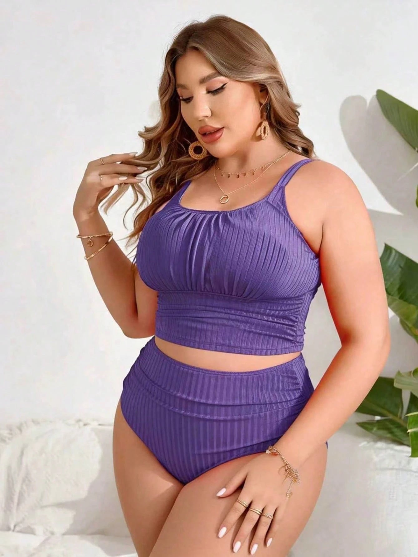Swim Lushoire Plus Size Women's Summer Beach Solid Color Ruched Tankini Set
