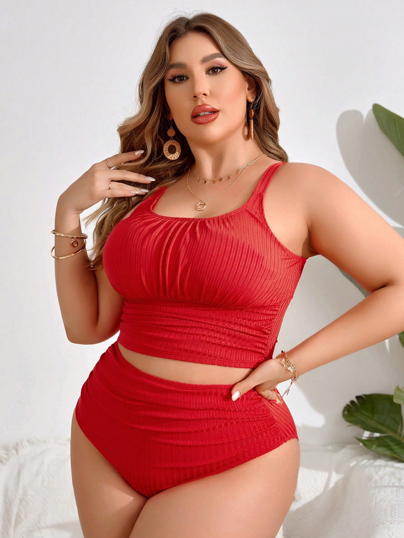 Swim Lushoire Plus Size Women's Summer Beach Solid Color Ruched Tankini Set