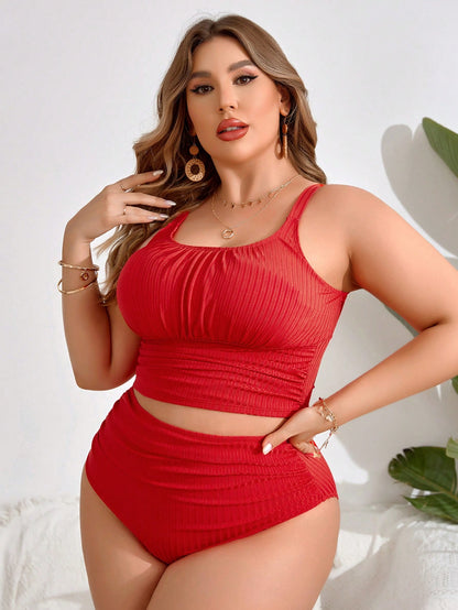Swim Lushoire Plus Size Women's Summer Beach Solid Color Ruched Tankini Set