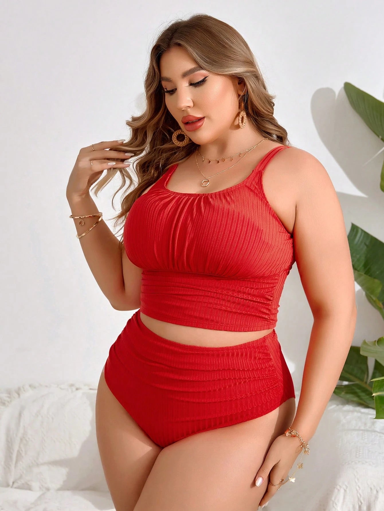 Swim Lushoire Plus Size Women's Summer Beach Solid Color Ruched Tankini Set