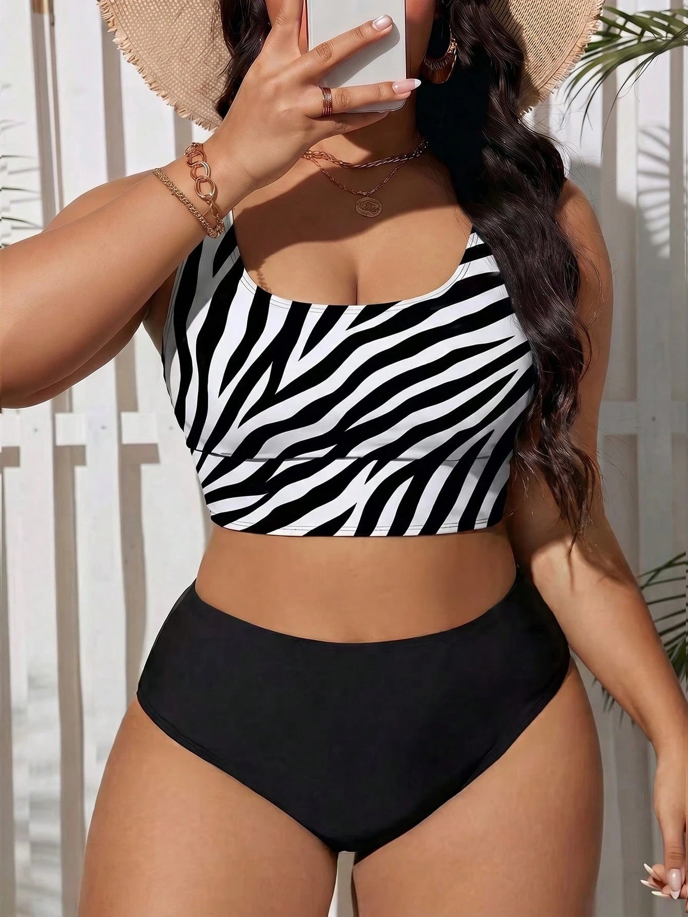 Swim Lushoire Plus Size Women's Summer Beach Zebra Print Casual Sexy Tankini Set All White Black