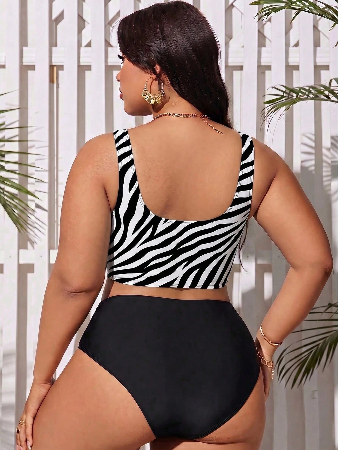 Swim Lushoire Plus Size Women's Summer Beach Zebra Print Casual Sexy Tankini Set All White Black