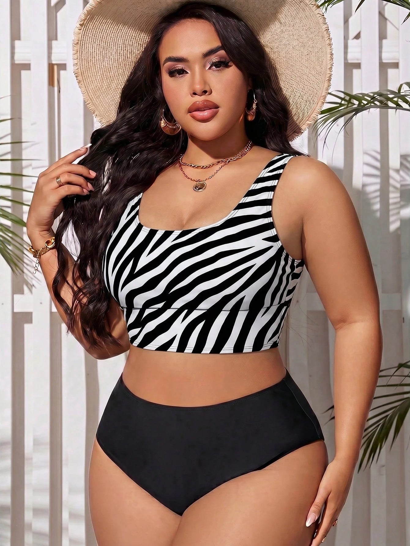 Swim Lushoire Plus Size Women's Summer Beach Zebra Print Casual Sexy Tankini Set All White Black