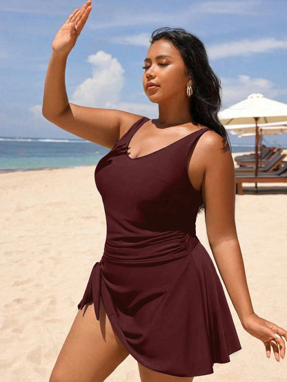 Swim Lushoire Plus Size Women's Twist Side One-Piece Swimsuit, Fashionable For Vacation