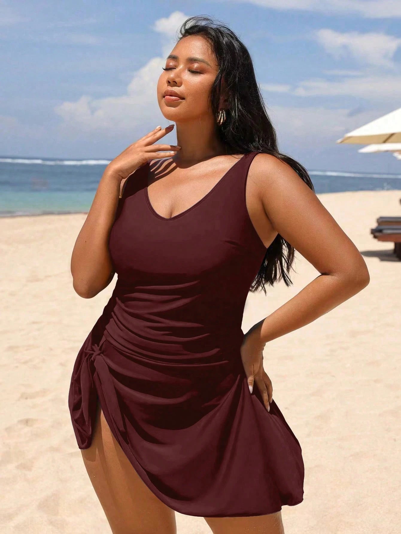 Swim Lushoire Plus Size Women's Twist Side One-Piece Swimsuit, Fashionable For Vacation