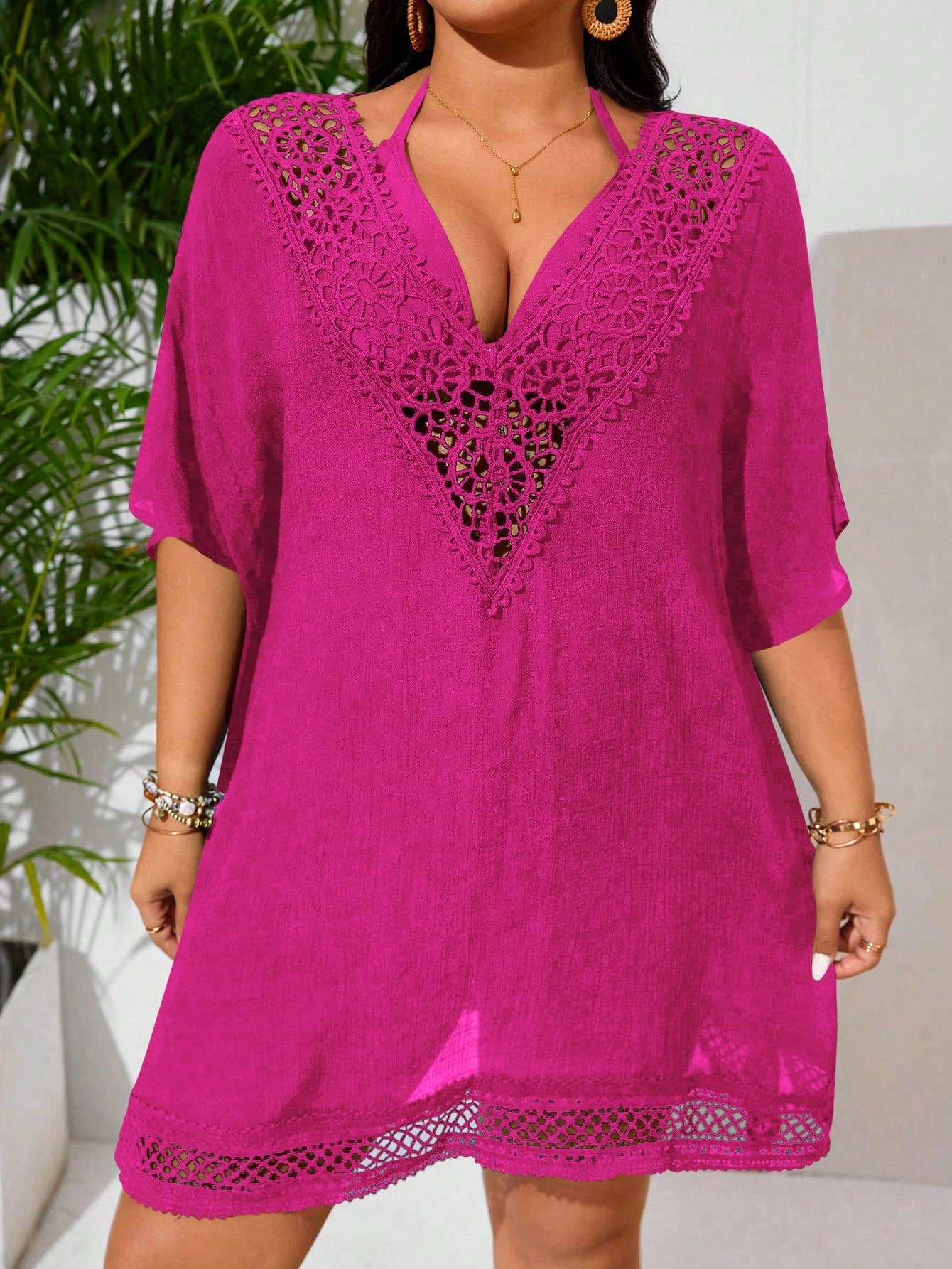 Swim Lushoire Plus Size Women's V-Neck Floral Lace Patchwork Sexy Casual Beach Cover Up