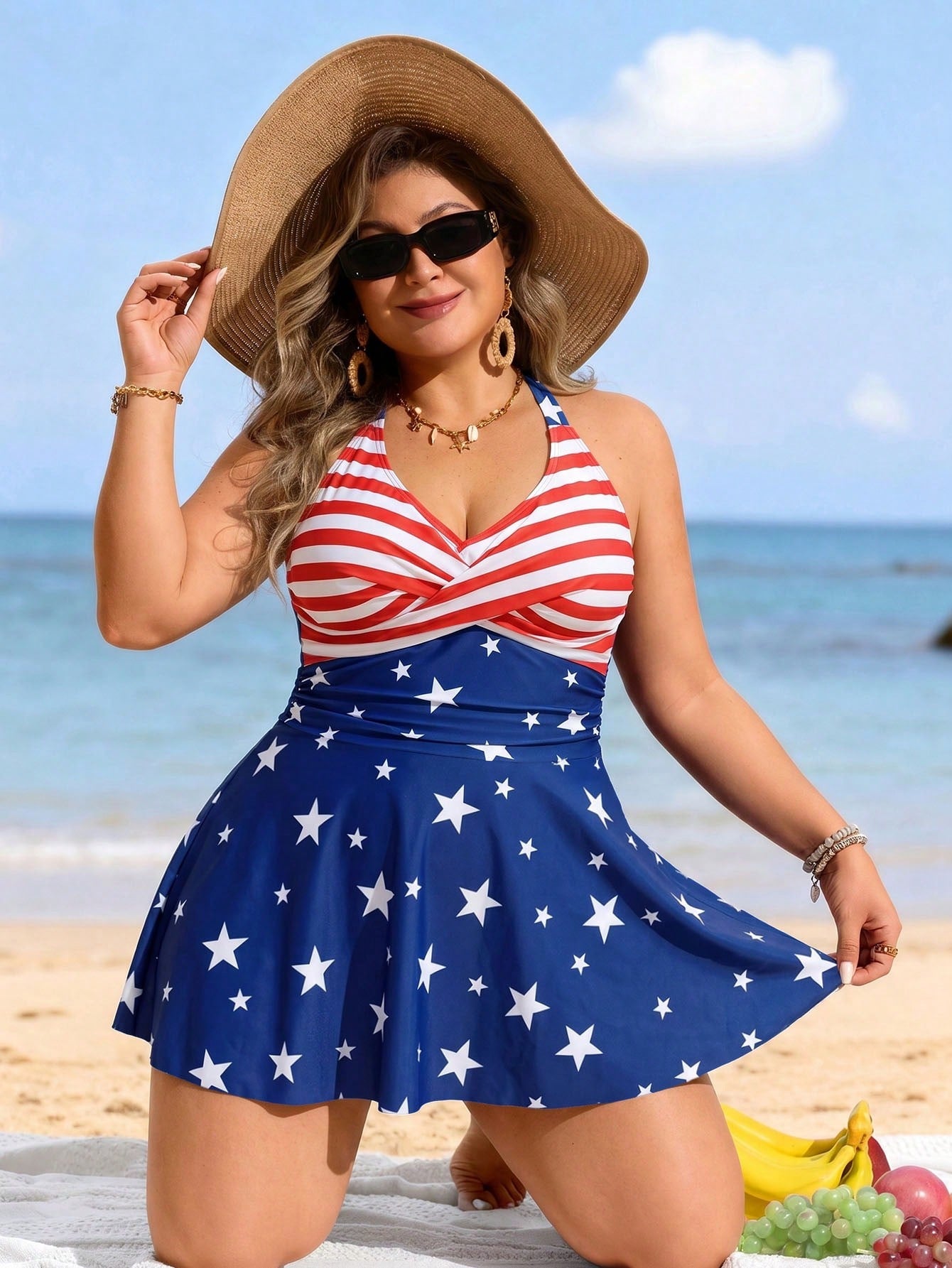 Swim Lushoire Plus Size Women's V-Neck Two Pieces Tankini Swimsuit,Light Blue Striped,Independence Day,Summer Beach Vacation,Criss-Cross Bust Tummy Control Skirt
