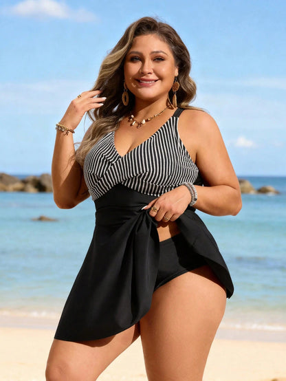 Swim Lushoire Plus Size Women's V-Neck Two Pieces Tankini Swimsuit,Light Blue Striped,Independence Day,Summer Beach Vacation,Criss-Cross Bust Tummy Control Skirt