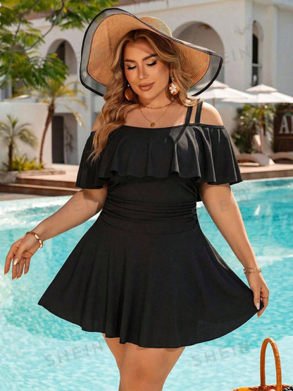 Swim Lushoire Plus Size Women Solid Color Ruched Casual Vacation Pool One-Piece Swimsuit