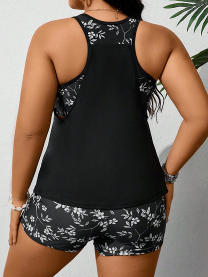 Swim Lushoire Plus Size Women Summer Beach Vacation Contrast Plant Print Tankini Set