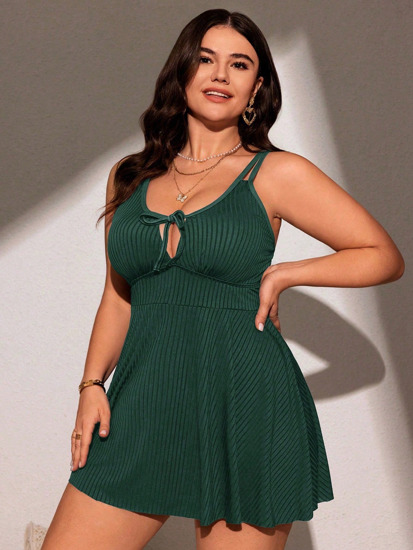 Swim Lushoire Plus Size Women Summer Solid Color Front Tie Spaghetti Strap Tankini Beach Dress With Shorts Set