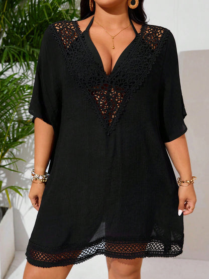 Swim Lushoire Plus Size Women V-Neck Floral Splice Sexy Casual Beach Cover-Up Cover Up For Summer Beach Vacation