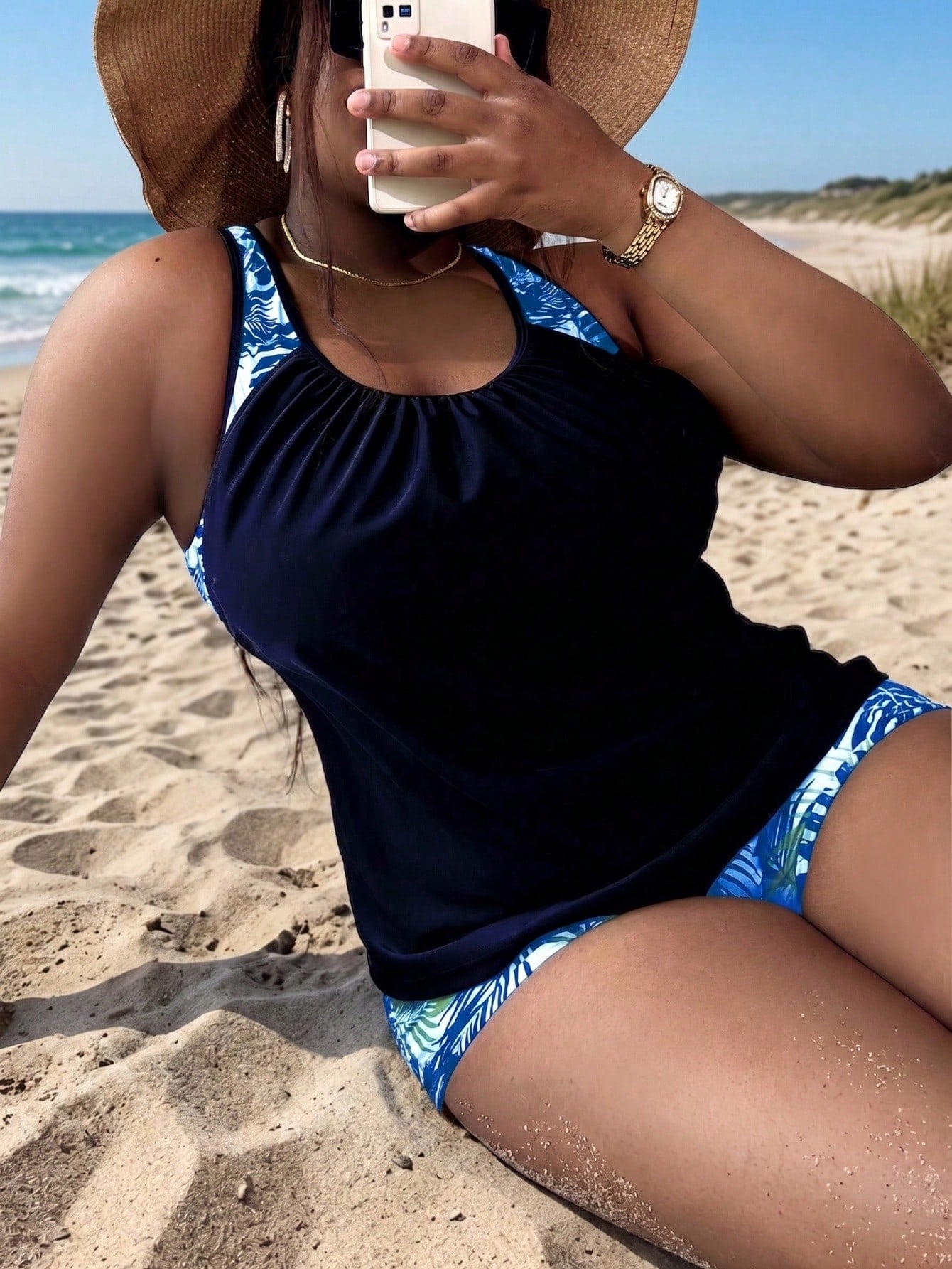 Swim Lushoire Summer Beach Plus Size Tropical Print Ruched Tankini