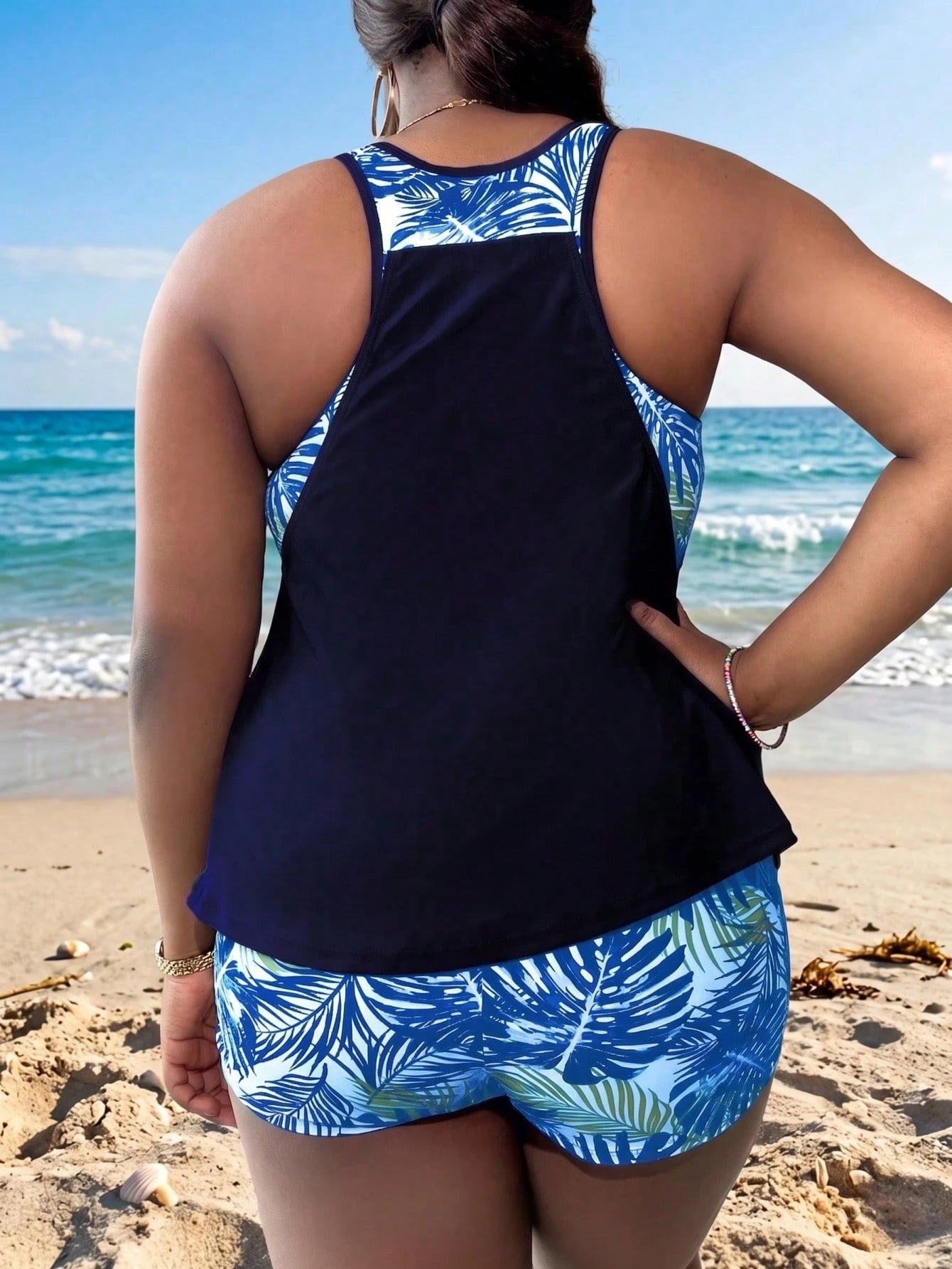 Swim Lushoire Summer Beach Plus Size Tropical Print Ruched Tankini