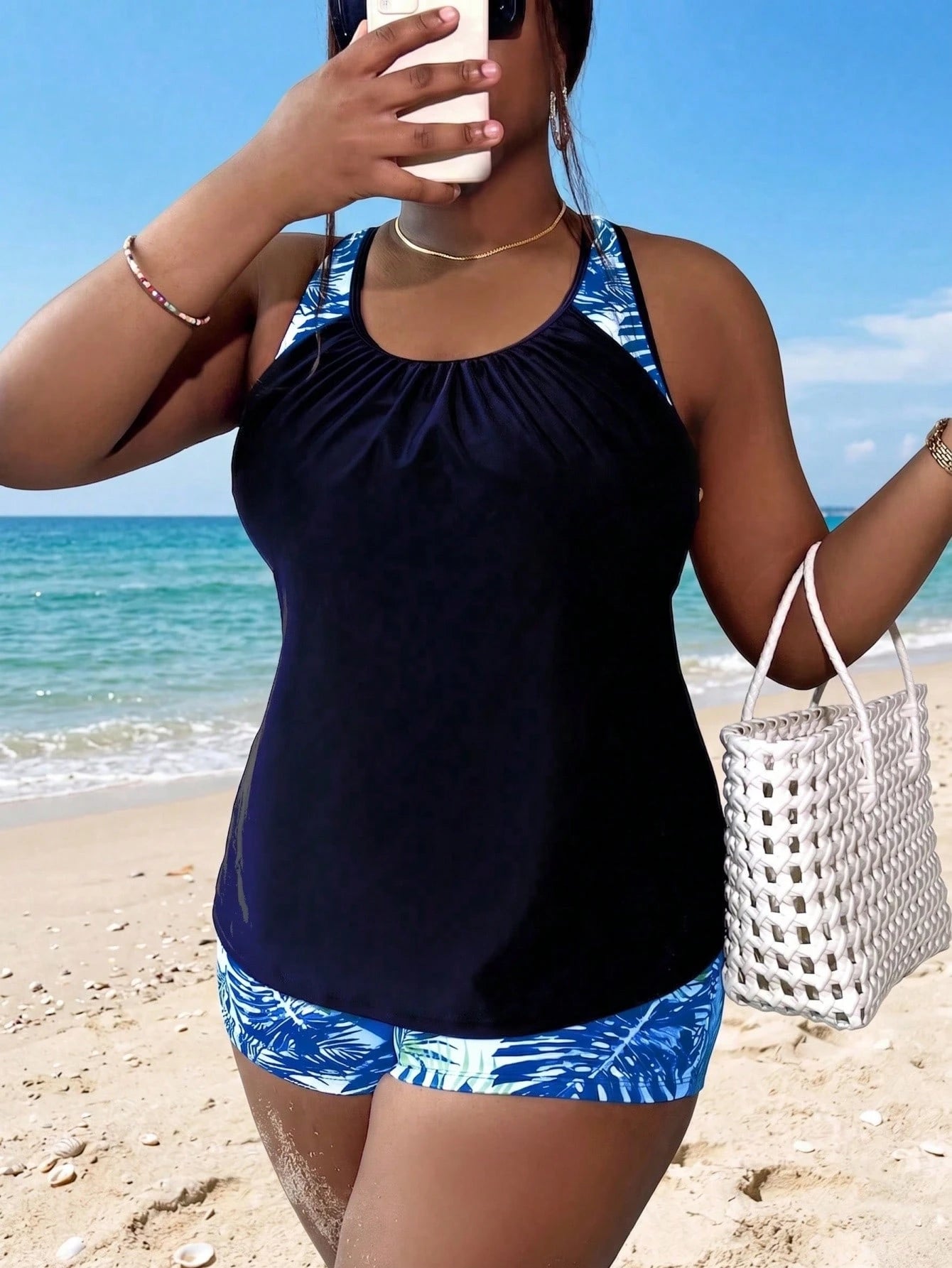 Swim Lushoire Summer Beach Plus Size Tropical Print Ruched Tankini