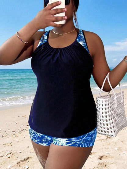 Swim Lushoire Summer Beach Plus Size Tropical Print Ruched Tankini