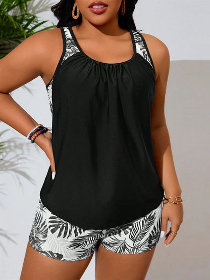 Swim Lushoire Summer Beach Plus Size Tropical Print Ruched Tankini